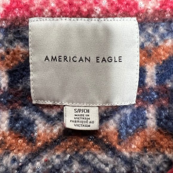 American Eagle Woman’s Top Sm 1/4 Zip Fleece Pullover Red Black Fair Isle Pocket - Picture 8 of 10